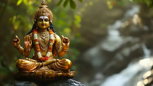 Golden Hindu deity statue beside soft forest waterfall.