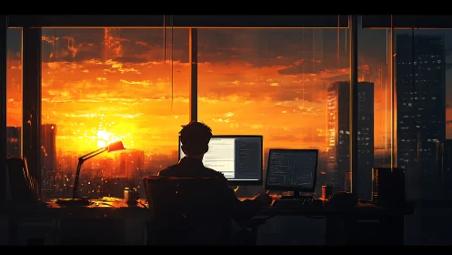 Golden sunset bathes a focused programmer in quiet calm