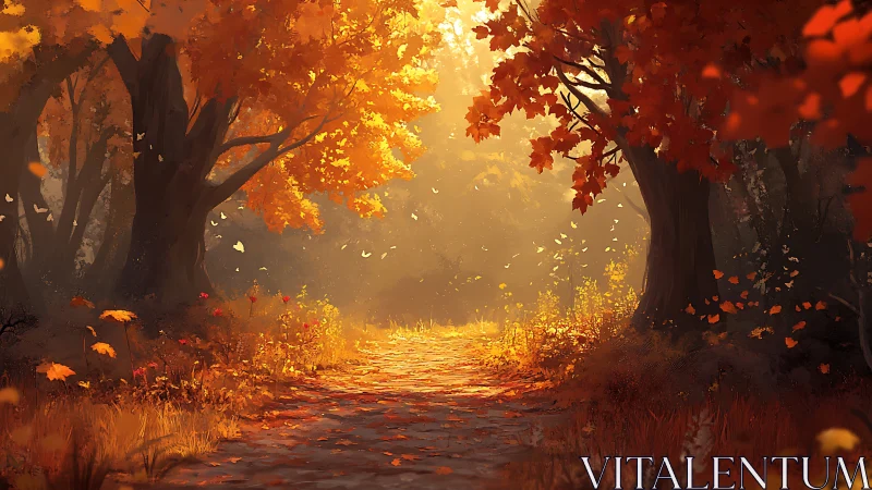 Forest pathway during autumn with golden and orange foliage.