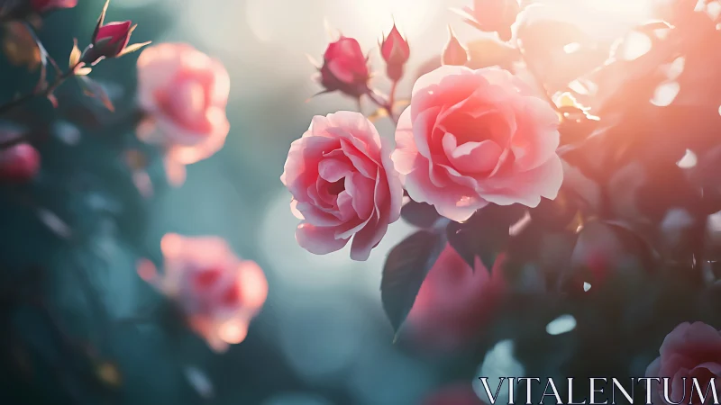 Delicate Pink Roses Blooming in Soft Golden Sunlight.