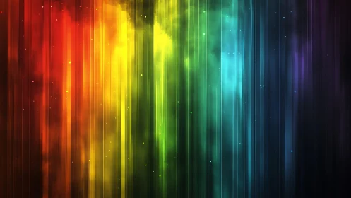 Vibrant abstract rainbow light beams with smoky digital effect.