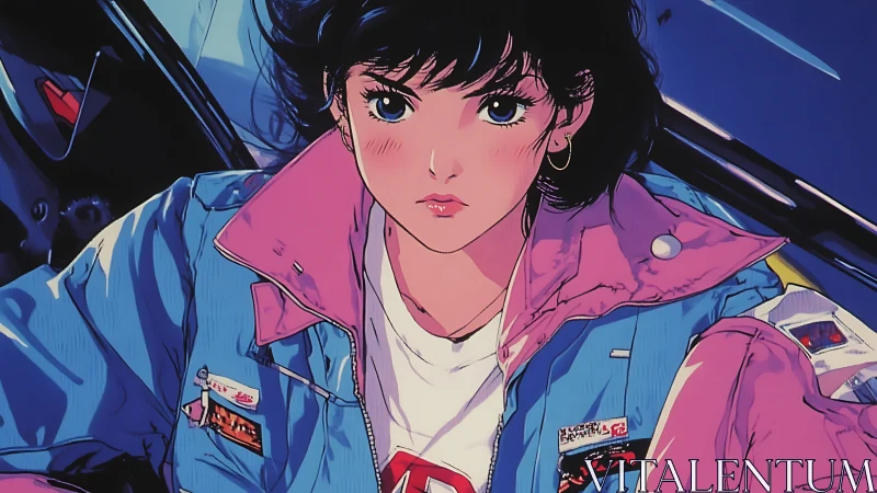 Retro anime portrait of woman in jacket inside vehicle.