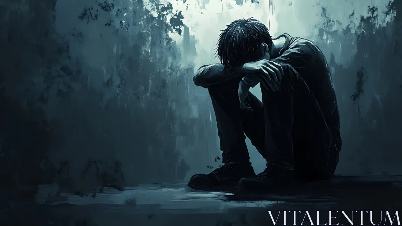 Solitary figure curls into shadow, embodying quiet despair