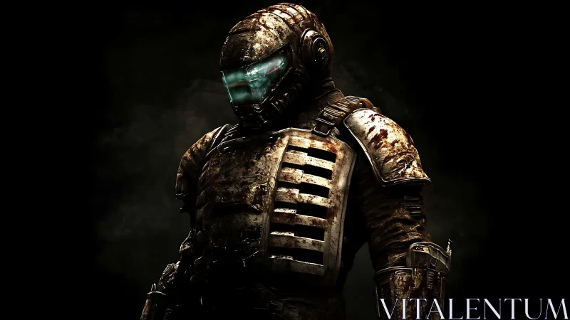 Armored figure stands in dim light wearing stained exosuit