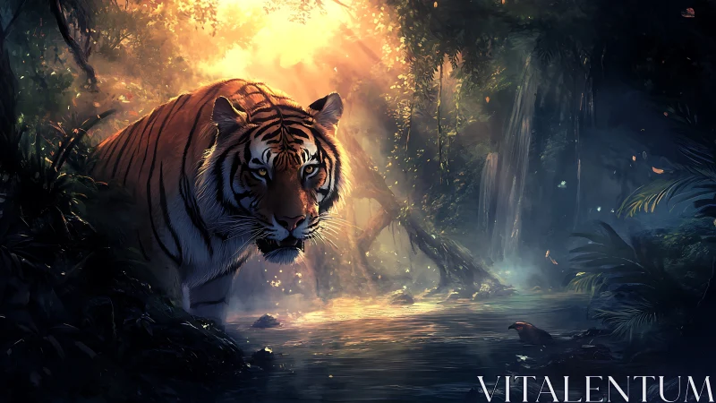 Majestic tiger in luminous rainforest stream environment.