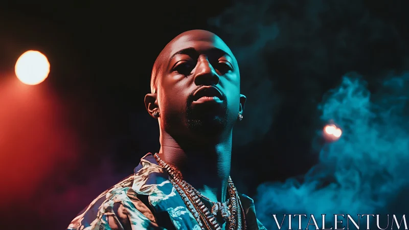 Portrait of man under colored stage lights and smoke.