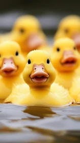 Yellow ducklings swim in tight formation, shallow depth of field.