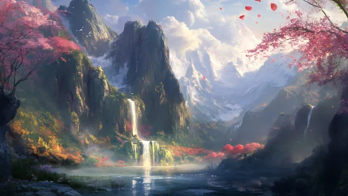 Gentle waterfalls in a dreamy pink blossomed mountain valley.