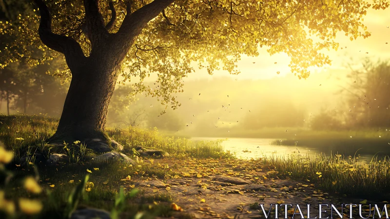 Golden light over riverside tree in calm countryside.