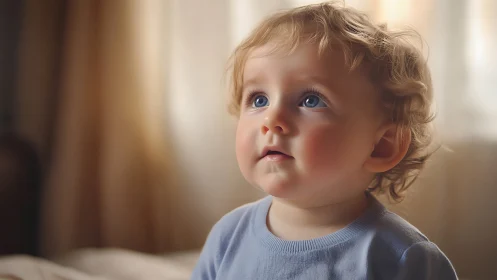 Toddler with curly blonde hair looking upward pensively