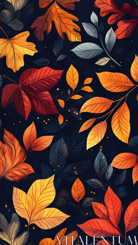 Colorful autumn leaves pattern on dark navy background.
