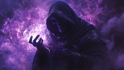 Hooded skeletal mage manipulates dense violet ethereal energy