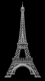 Wireframe Eiffel Tower stands in precise architectural contrast