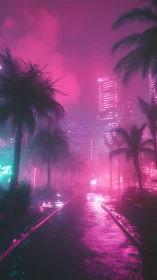 Neon city street reflects pink and blue lights in humid night
