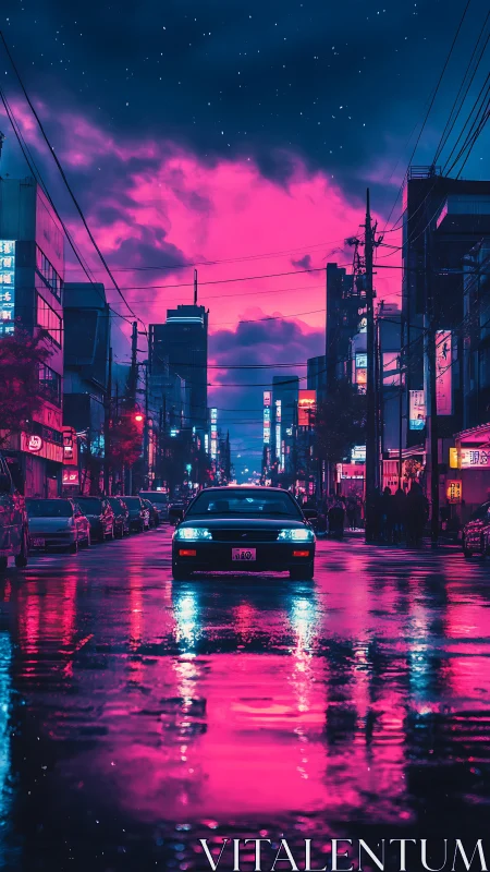 Neon city street car under violet stormy twilight sky.