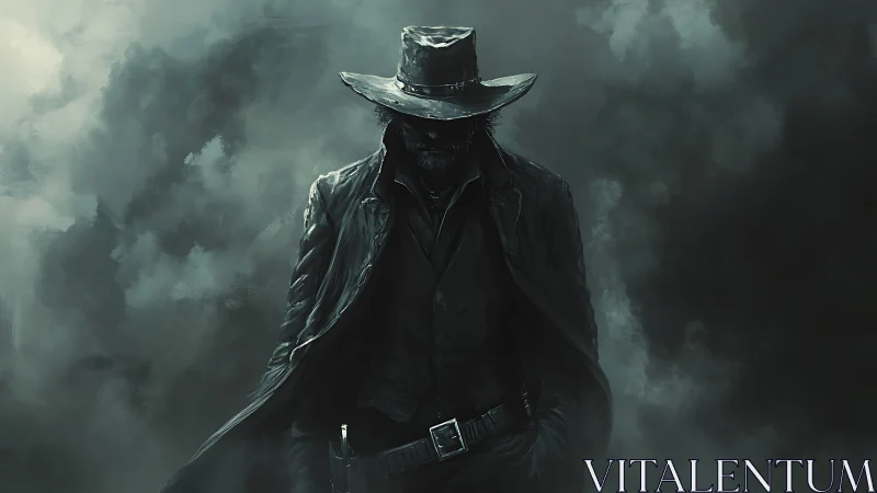 Digital painting of lone gunslinger in cinematic chiaroscuro mist.