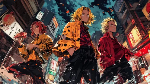 Urban night gang trio in flooded neon alley, anime style