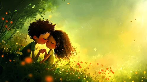 Digital illustration depicting two figures with warm luminescence and particle dispersion effects