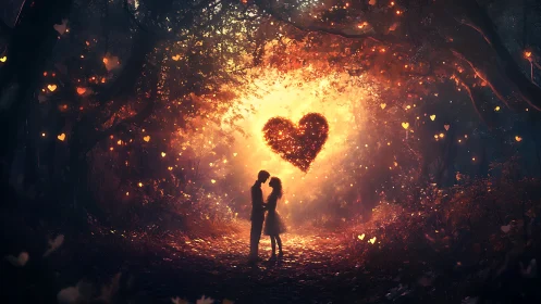 Silhouetted Couple Embracing Beneath Luminescent Heart Form Within Cavernous Tunnel