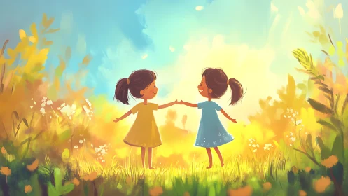 Two Girls Holding Hands in Sunlit Wildflower Meadow