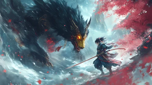 Samurai stands against black dragon amid red blossoms.