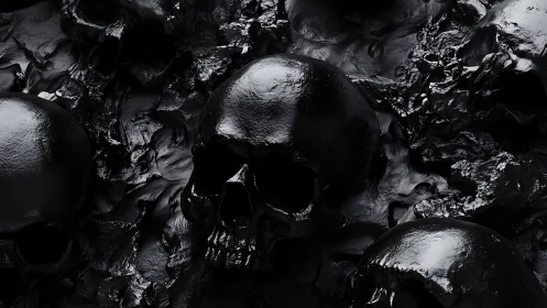 Glossy black skulls emerge from viscous molten darkness.