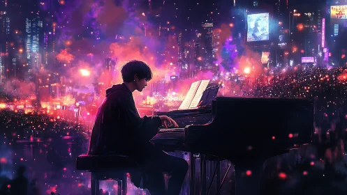 Urban pianist silhouetted against neon-saturated skyline.