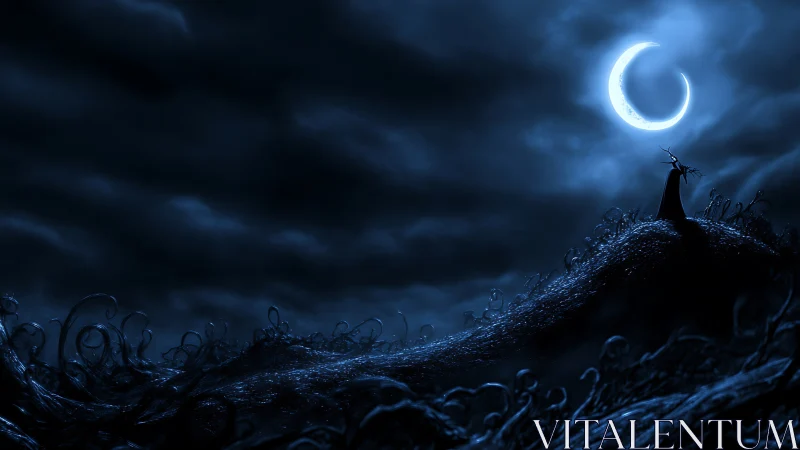 Crescent moon illuminates lone cloaked figure on twisted ridge