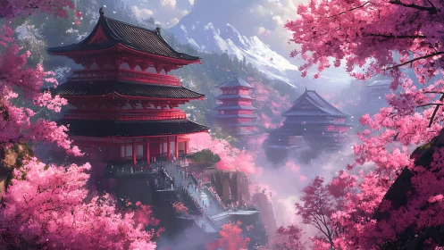 Cherry blossom temples drift in mist beneath snowcapped peaks.