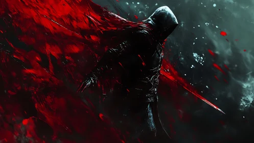 Hooded dark figure amid red energy streaks on black field.