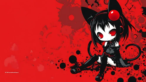 Crimson catgirl chibi broods in inky splatter twilight.