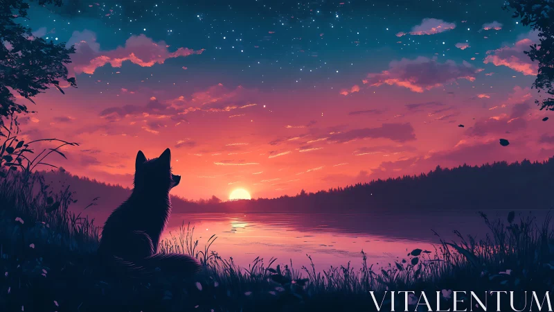Solitary fox watches neon sunset over quiet forest lake.