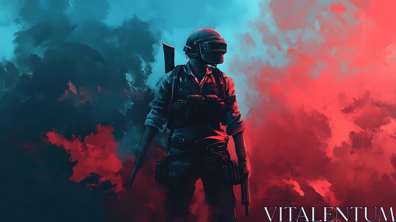 Helmeted armed figure stands against split red blue background