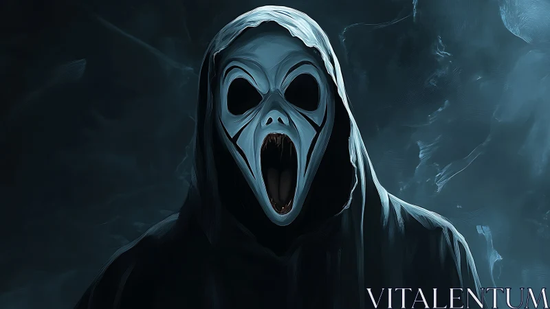 Hooded skeletal figure with screaming mask on dark background