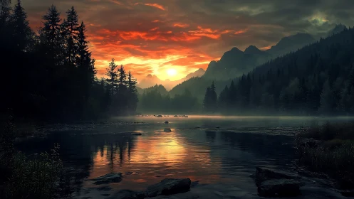 Sunset hush over a misty forest lake in the mountains.