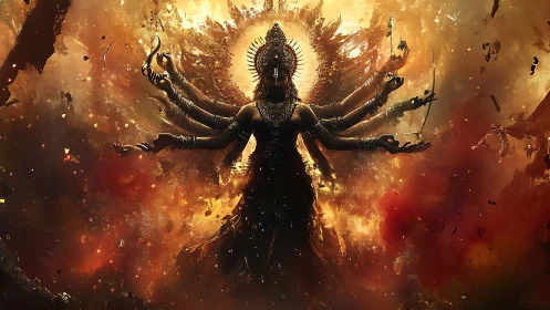 Radiant many‑armed goddess rising from swirling cosmic fire.