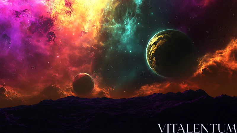 Distant planets hang above dark terrain under neon nebula