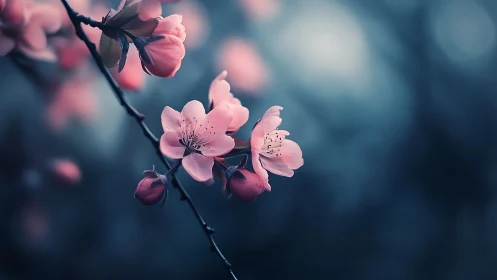 Pink Blossoms on Branch Against Blue Background.