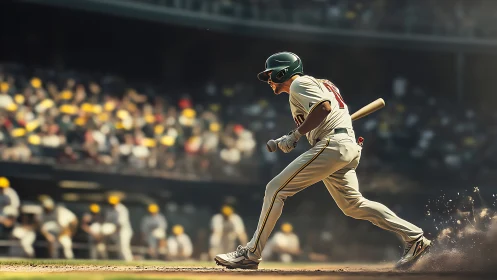 Baseball runner explodes from batter’s box under stadium lights.