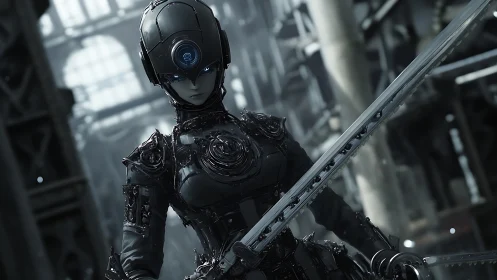 Blade-ready android sentinel in ruined steel cathedral.