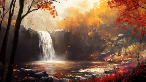 Autumn waterfall glows amid fiery forest foliage at dusk.