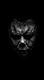 Haunting carved face emerges gently from deep shadowed darkness