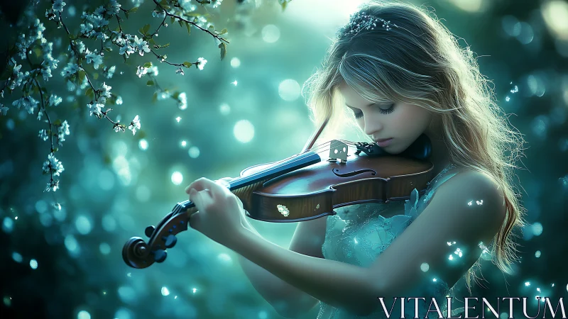 Ethereal young violinist illuminated by bioluminescent bokeh
