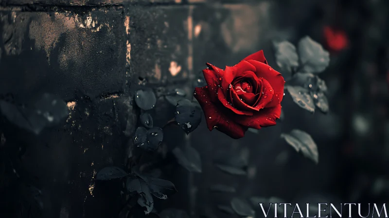 Red Rose with Water Droplets Against Dark Stone Surface