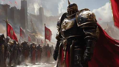 Valiant armored knight leading a crimson-bannered host.