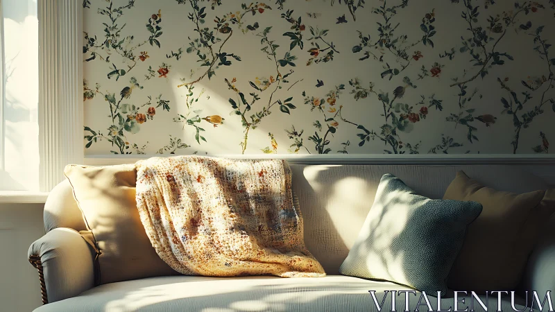 Sunlit sofa against floral wallpaper in calm living room.