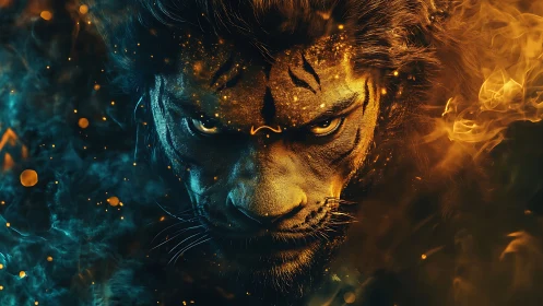 Ember-eyed tiger warrior framed by swirling elemental fire.