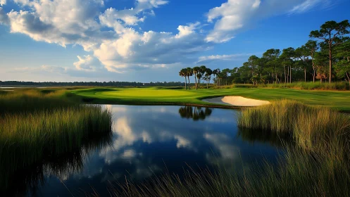 Coastal golf fairway, reflective water hazard, late daylight