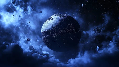 Massive dark mechanical sphere hangs in deep blue space.