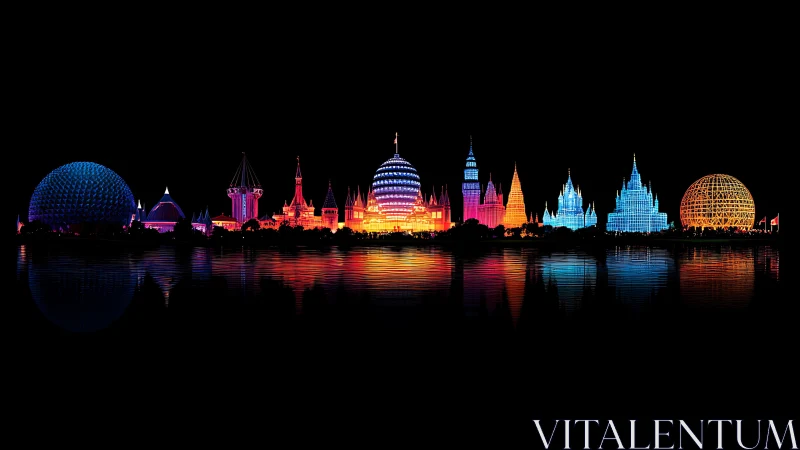 Illuminated architectural skyline is reflected on dark water